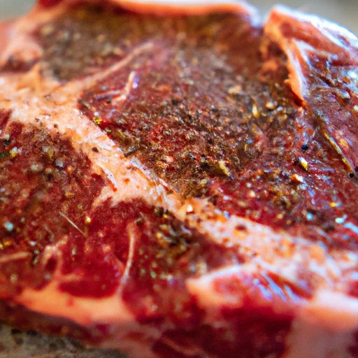 A raw steak seasoned with salt, pepper, and herbs ready for cooking