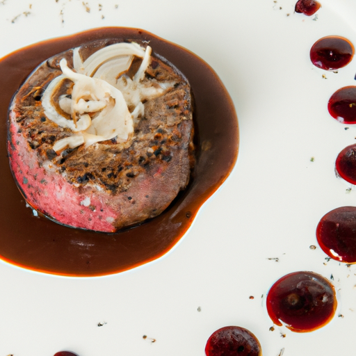 Tender filet mignon coated in peppercorns with a red wine reduction sauce